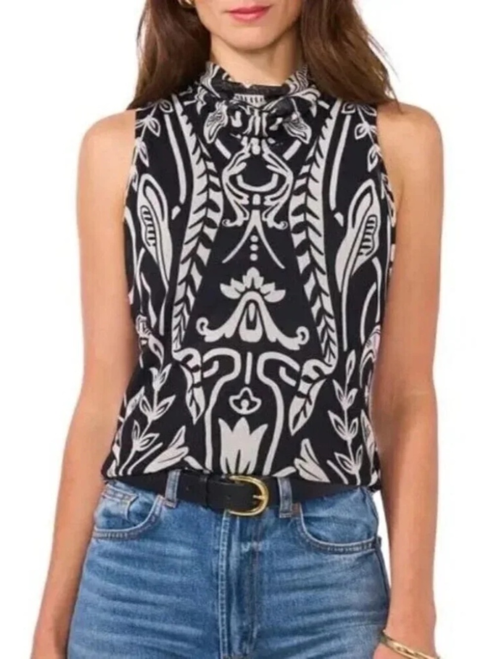 VINCE CAMUTO Sleeveless Mock Cowl Top | Black and White Pattern | Size Med